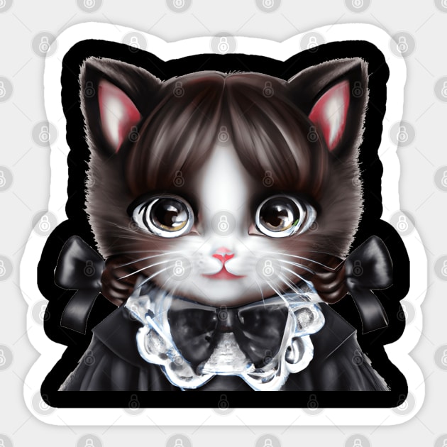 Cat with Black Anime eyes dressed as Wednesday Addams Sticker by Stevie26